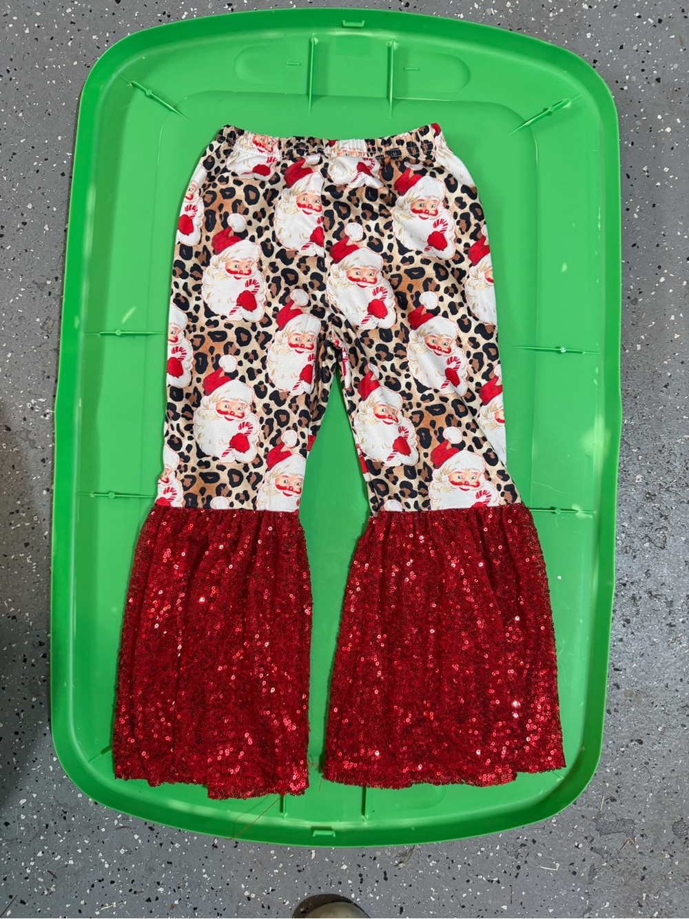 Girls Holiday Santa Leopard Bell-Bottom Pants - Red Sequin Trim